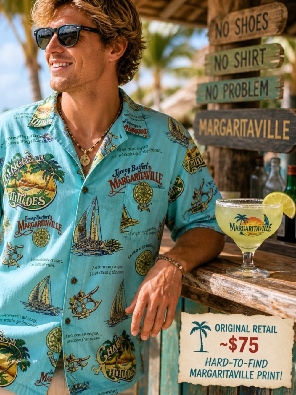 🌴 Jimmy Buffett Margaritaville Hawaiian Shirt – “Changes in Latitudes” Print 🍹